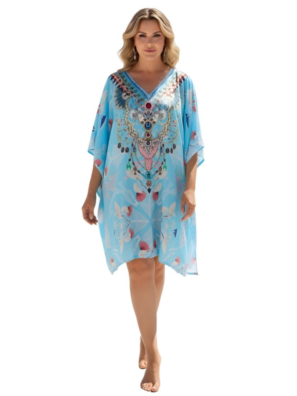 Gypsie Blu Light Blue Digital Print V-Neck Tunic Dress – Plus Size 1X-3X